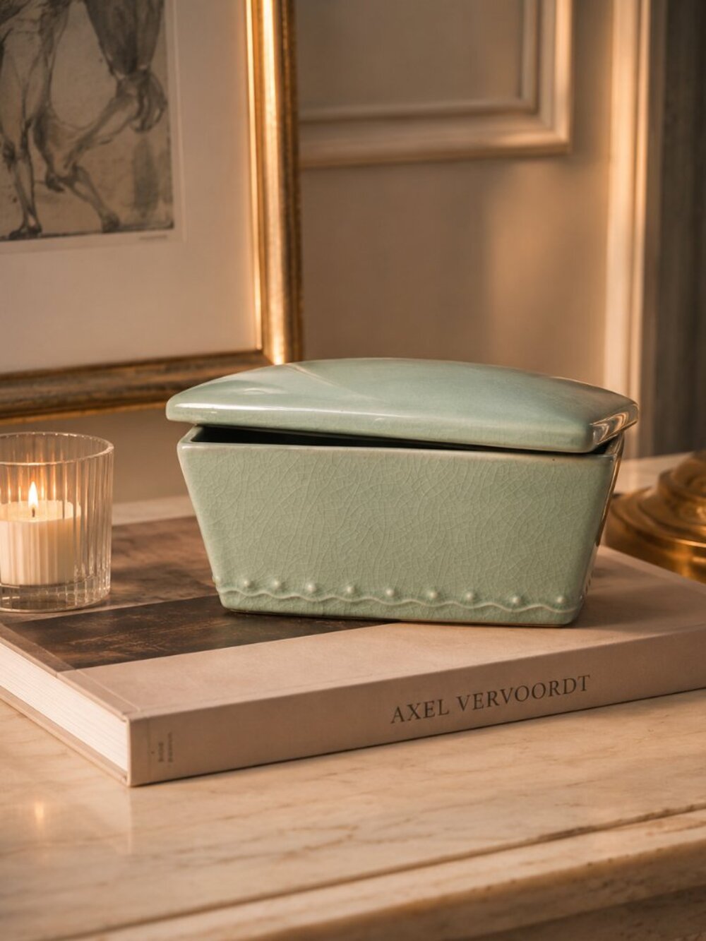 Vintage Pier 1 Celadon Crackle Glaze Ceramic Box w Lid NEW Decor